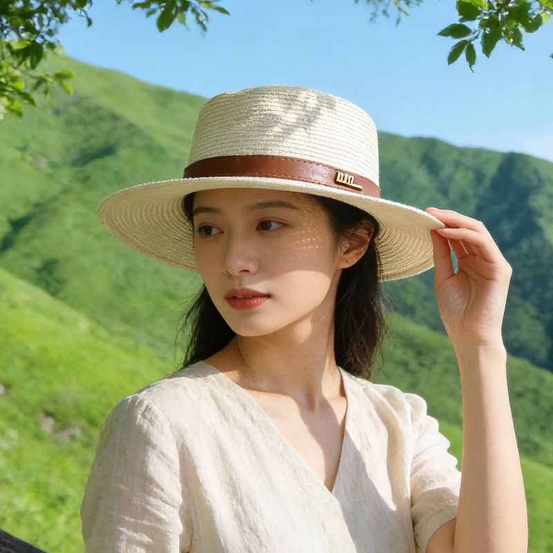 法式平顶草帽女夏季海边度假防晒沙滩帽巴文艺百搭拿马帽时尚礼帽