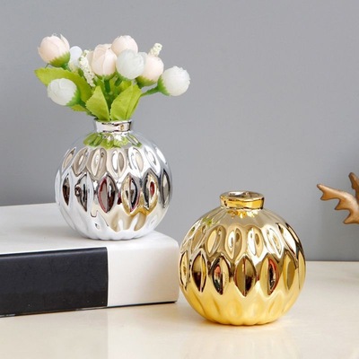 欧式银色金色水培陶瓷花瓶客厅装饰轻奢摆件浮雕鱼唇纹路工艺品丿