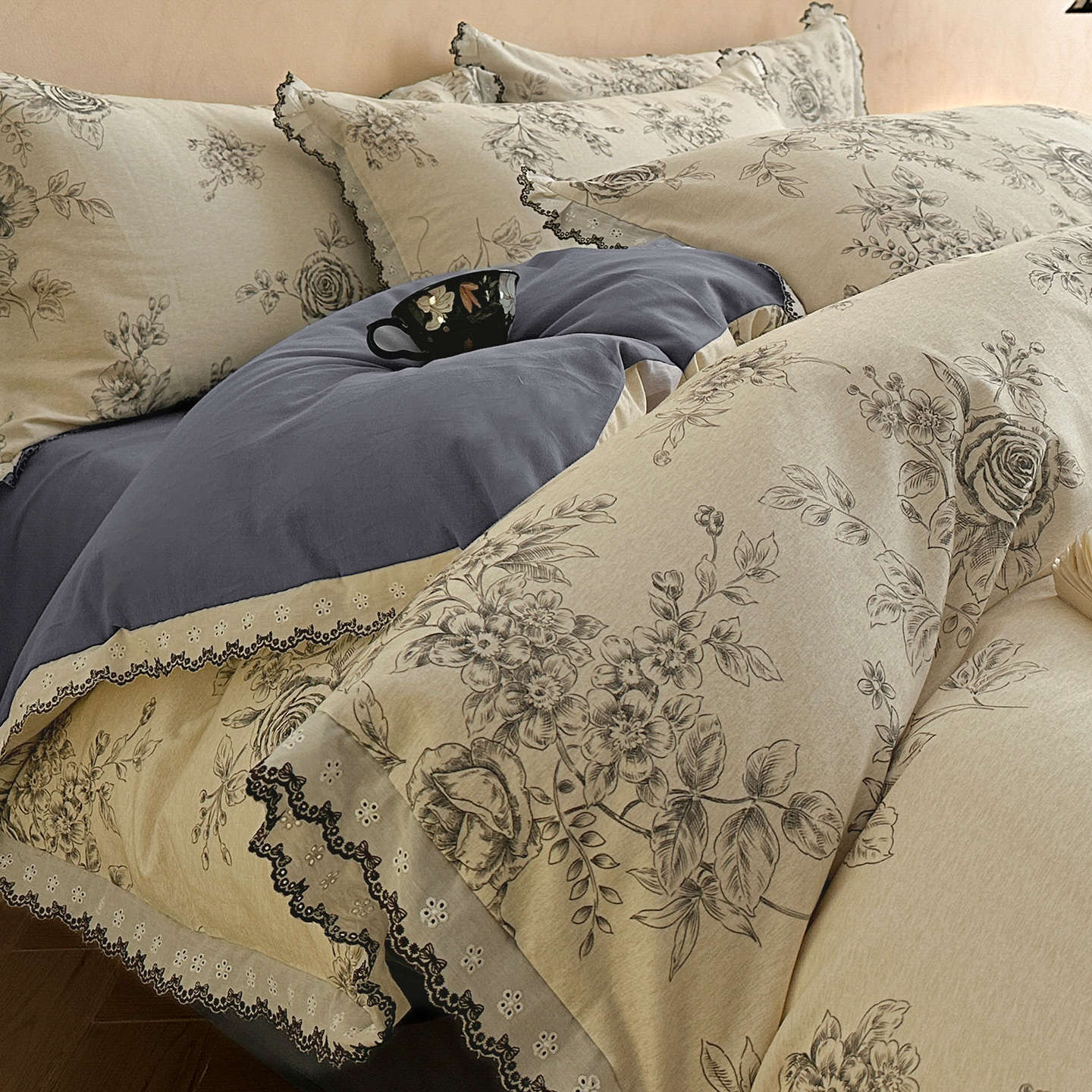 被套花边全棉4罩床品床上四件套加厚复古风纯棉磨毛床单三件套