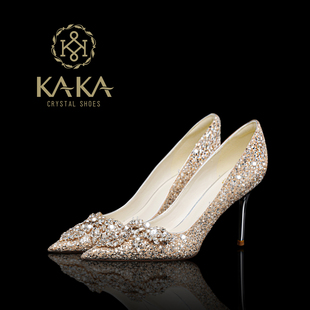 主纱婚鞋秀禾婚纱两穿新娘鞋女2025新款金色水晶高跟鞋不累脚结婚