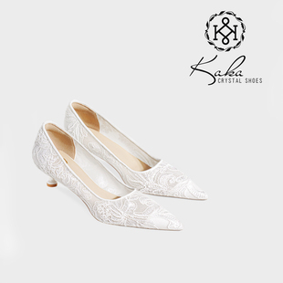 KAKA法式 女不累脚小众订婚新娘 白色3CM低跟婚纱孕妇可穿平底婚鞋
