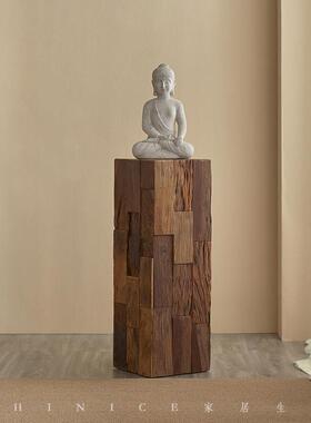 Hinice侘寂风复古底座实木墩子方形树桩民宿装饰木桩木头边几摆件