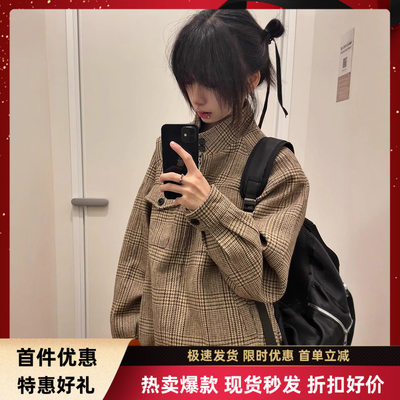 oclin男装千鸟格哈灵顿毛呢夹克