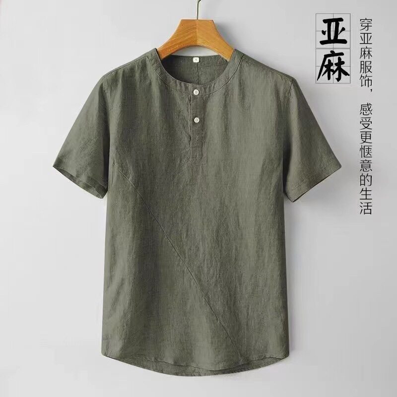 男装百搭纯色棉麻短袖衬衫男士夏季简约大码宽松亚麻套头体恤上衣
