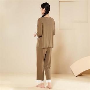 春秋蕾丝拼接V领长裤 睡t衣简约宽松七分袖 可拆卸胸垫家居服套装