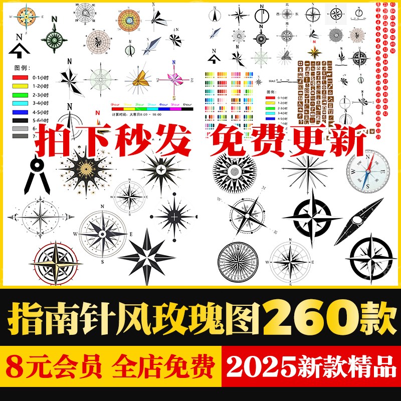 指北针比例尺图例图标彩色平面图玫瑰风向标指南针psd免抠ps素材