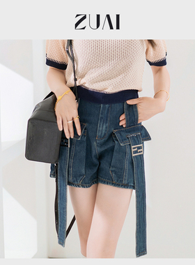 【F家新疆长绒棉口袋牛仔短裤】甜辣高腰金属扣a字型短裤W23CS201