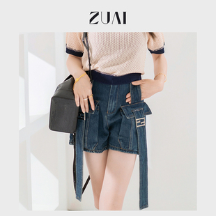 【F家新疆长绒棉口袋牛仔短裤】甜辣高腰金属扣a字型短裤