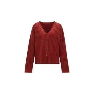 WT54IYQ299 美利诺羊毛16支坑条V领简针织开衫 果实扣羊毛开衫