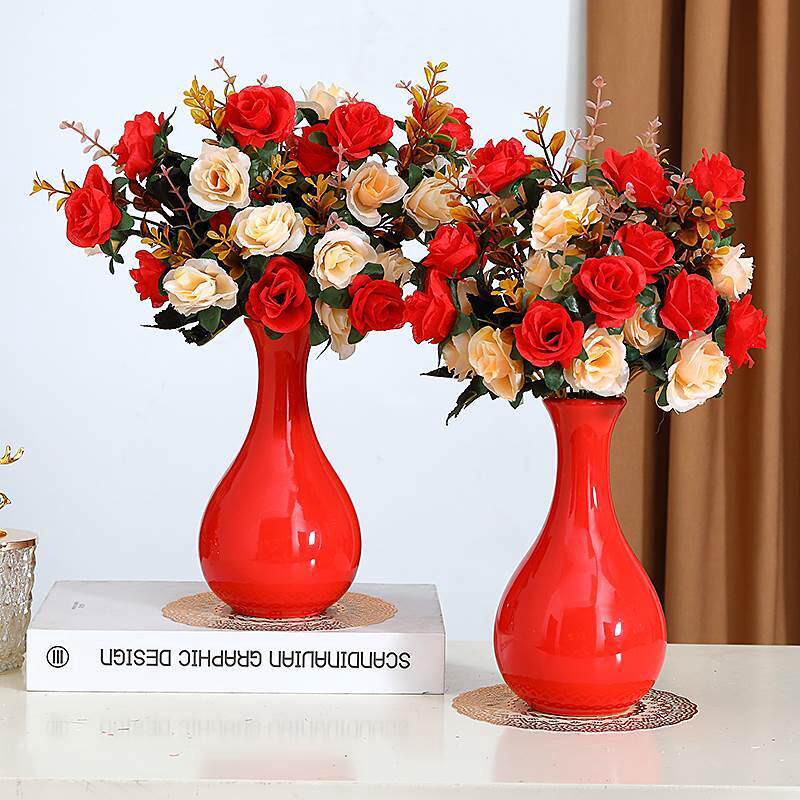 喜庆中国红陶瓷花瓶插花带仿真花结婚假花客厅新婚房花束摆件装饰
