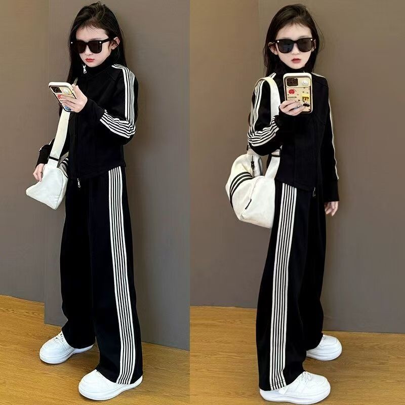 2025新款韩版黑色运动套装女直筒长裤减龄卫衣时尚a字条纹潮款