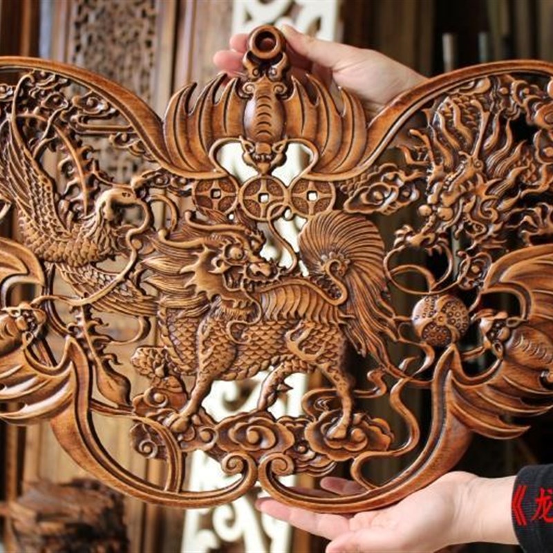 木雕挂件扇形客厅玄关福字麒麟实木香樟木壁挂沙发电视背景墙木质