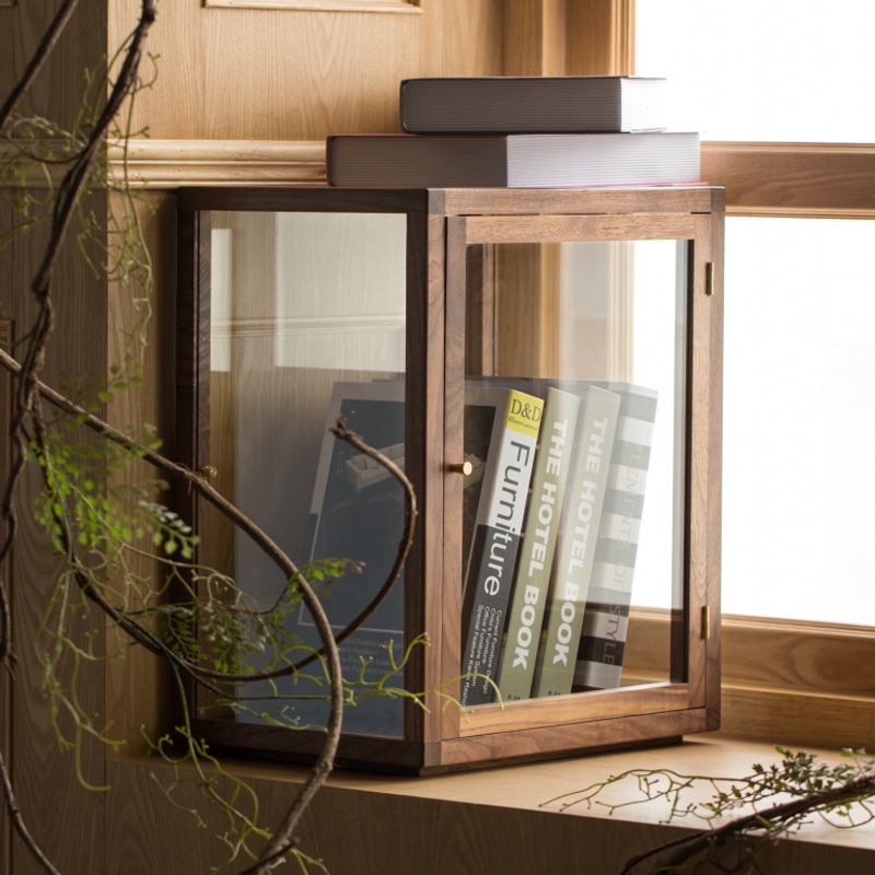 喜起黑胡桃实木玻璃展示柜桌面小型透明陈列架家用手办收纳置物柜