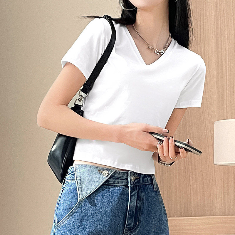 短袖T恤女2023年春新款洋气打底衫显瘦漏肚脐的上衣夏天学生半袖
