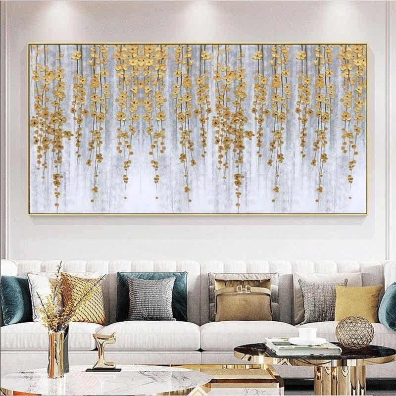 发财树现代轻奢客厅装饰画玄关卧室手绘油画抽象花卉金色挂画横版图片