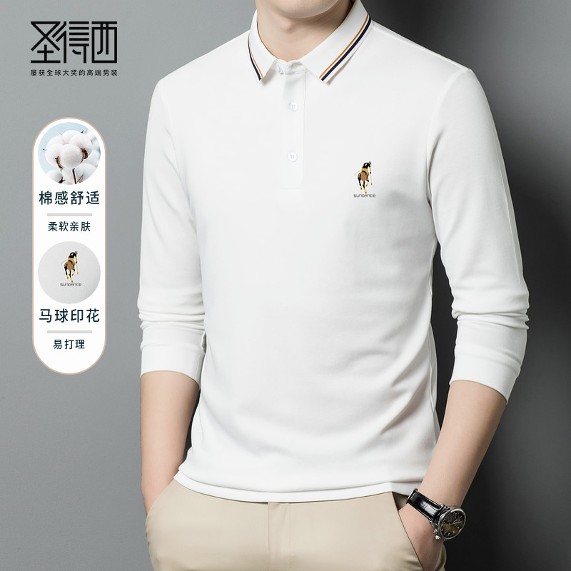 圣得西翻领马球印花长袖polo衫男