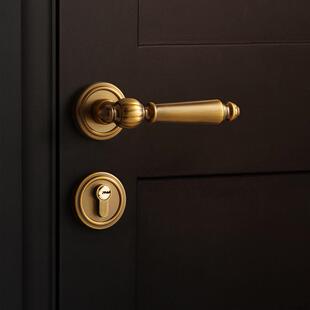 法式卧室门锁室内房间木门门把手黄古铜色复古磁吸静音家用房门锁