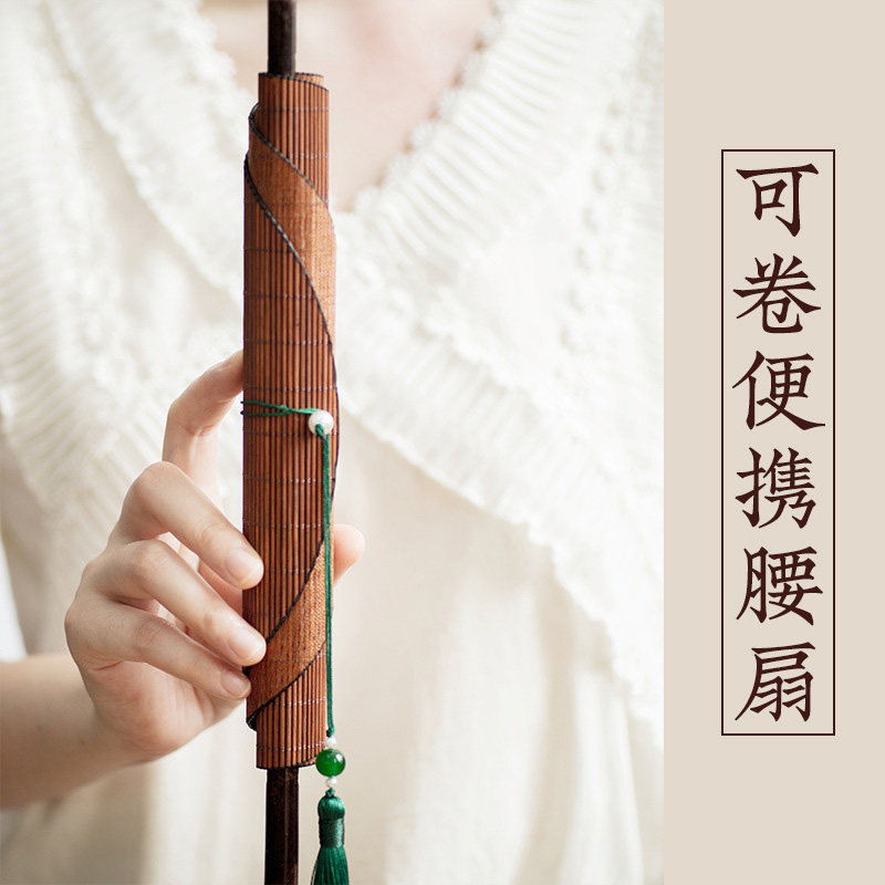 腰扇短柄古风可卷麈尾扇魏晋团扇子可携式折叠圆扇竹编织紫竹古代图片