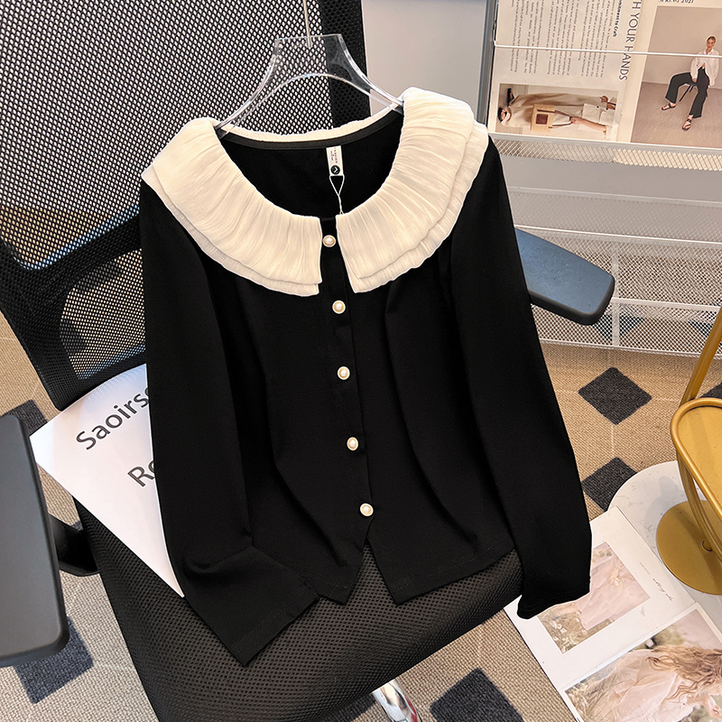 拉夏贝尔小香风针织长袖t恤女2025新款娃娃领上衣设计感气质衬衫
