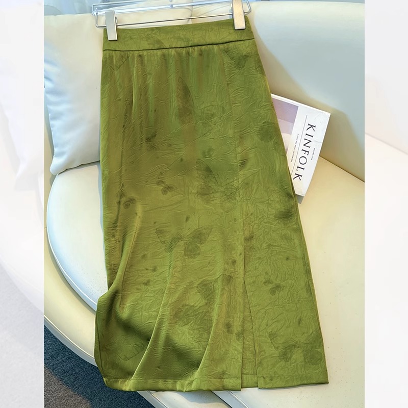 拉夏贝尔复古绿色醋酸半身裙