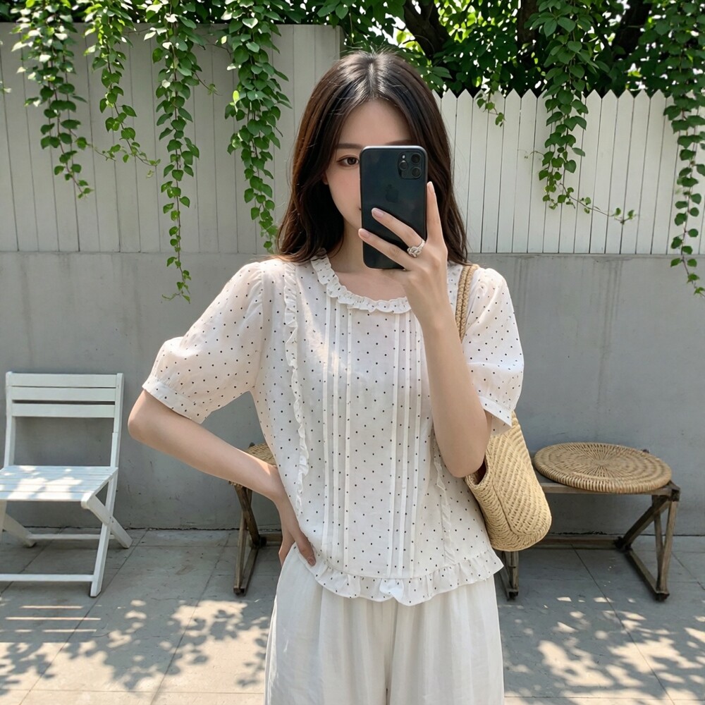 拉夏贝尔莱赛尔韩系木耳边波点短袖衬衫女夏百搭T恤减龄小衫上衣