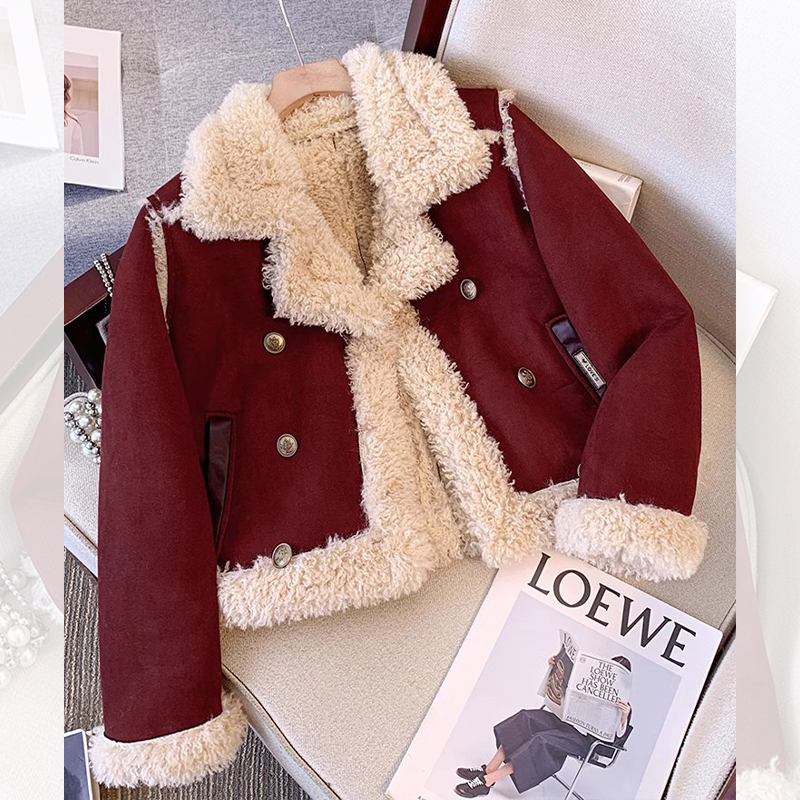 拉夏贝尔设计感羊羔毛冬装外套女2024年新款宽松加绒加厚爆款上衣