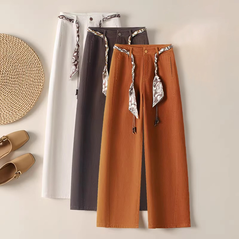 拉夏贝尔美拉德咖色阔腿牛仔裤女春季小个子高腰显瘦丝带弯刀裤子,女装/女士精品,牛仔裤,淘宝优惠券,粉丝福利购,淘宝优惠卷