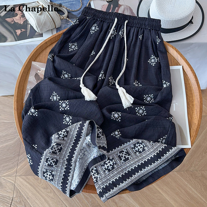 拉夏贝尔黑色宽松阔腿裤女夏薄款今年流行的爆款花裤冰丝直筒裤子