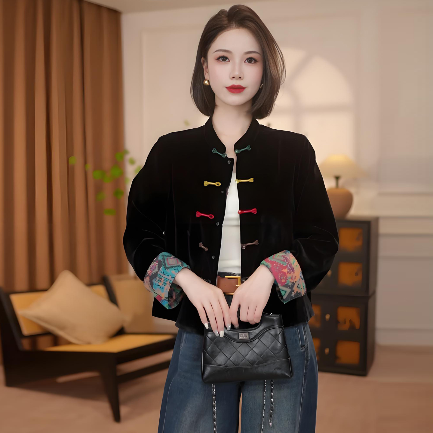 拉夏贝尔新中式国风丝绒短外套女