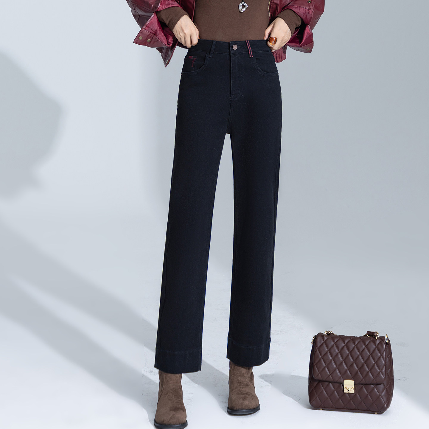 拉夏贝尔复古高腰直筒牛仔裤女春季百搭九分显瘦小个子黑色法棍裤,女装/女士精品,牛仔裤,淘宝优惠券,粉丝福利购,淘宝优惠卷