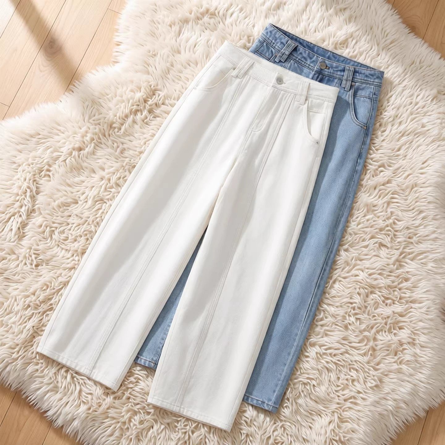 拉夏贝尔弯刀裤女春季高腰显瘦牛仔裤宽松阔腿裤子休闲长裤显腿细,女装/女士精品,牛仔裤,淘宝优惠券,粉丝福利购,淘宝优惠卷