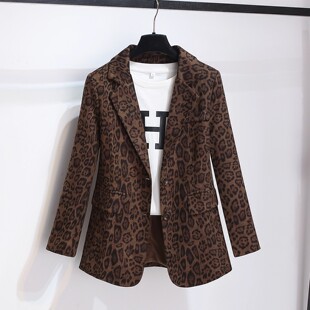 拉夏贝尔时尚潮流豹纹西装外套2025秋季新款百搭长袖休闲西服外套