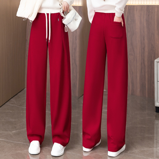 拉夏贝尔红色弯刀休闲裤女糯米裤抽绳宽松卫裤阔腿裤加绒加厚裤子