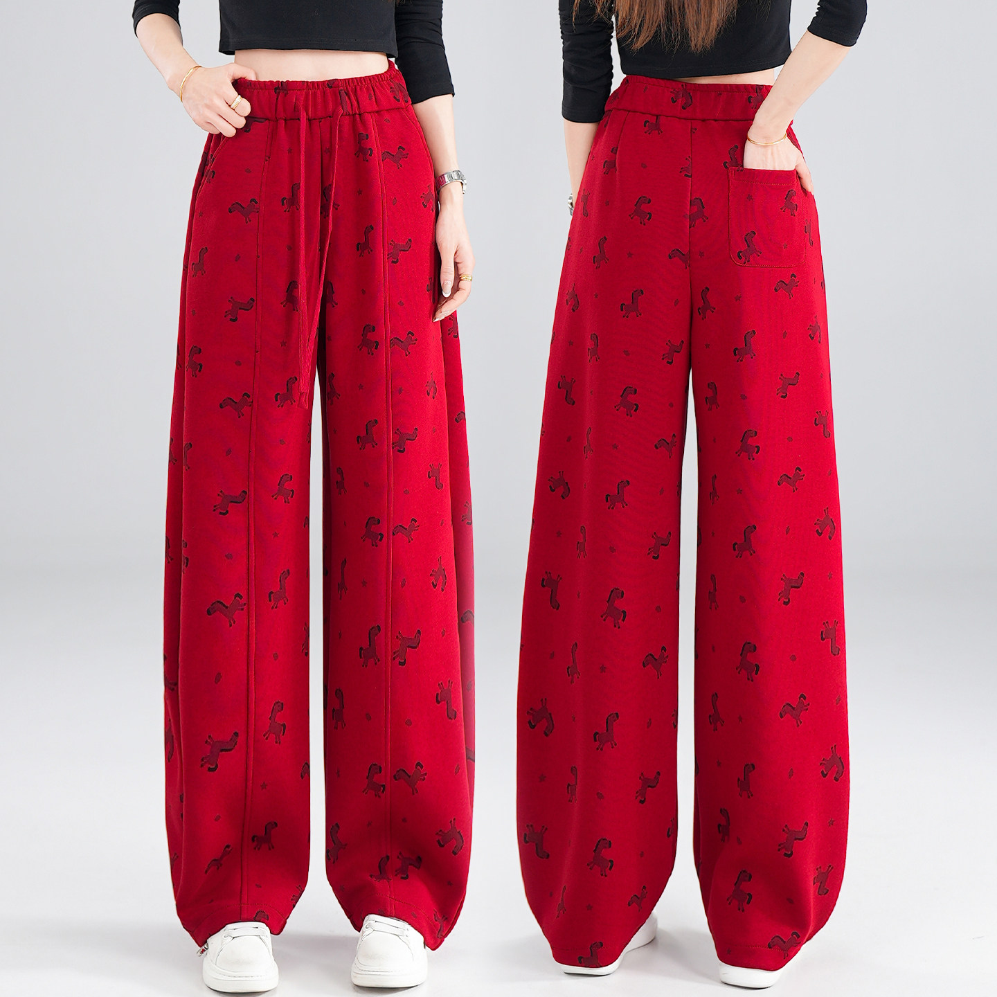 拉夏贝尔慵懒风红色印花阔腿裤女早春松紧腰抽绳宽松显瘦休闲裤子,女装/女士精品,休闲裤,淘宝优惠券,粉丝福利购,淘宝优惠卷