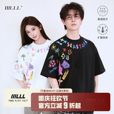 IIILLL童锦程T恤夏美式潮牌创意卡通涂鸦高街印花半袖情侣款短袖