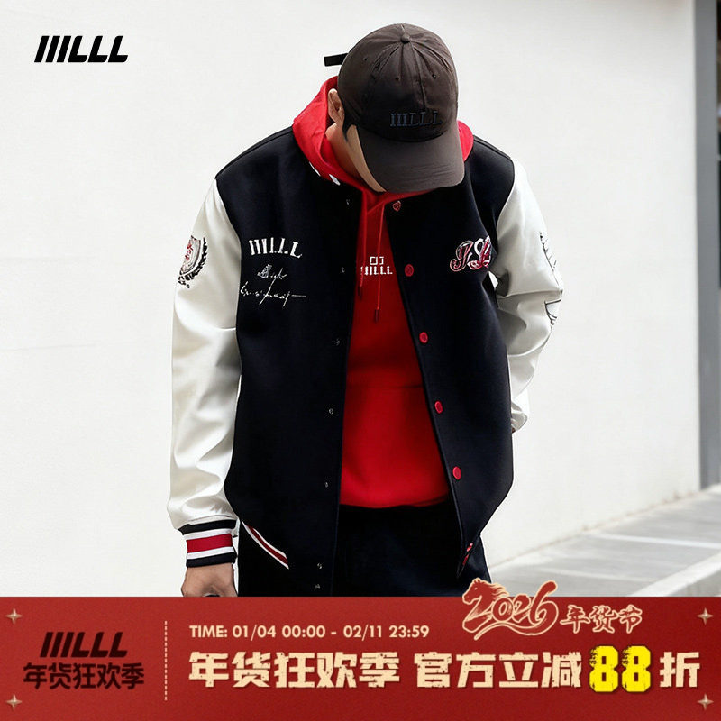 IIILLL童锦程撞色毛巾绣棒球服美式复古街头刺绣拼接情侣夹克外套