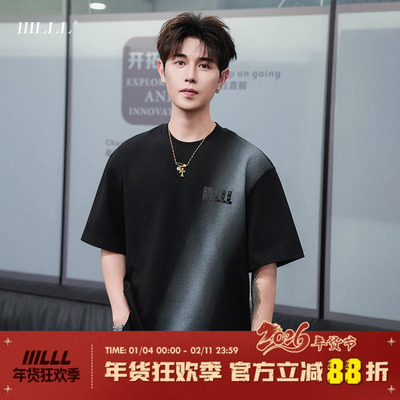 IIILLL童锦程 T恤男硅胶星星字母印花重磅纯棉短袖秋季渐变上衣潮