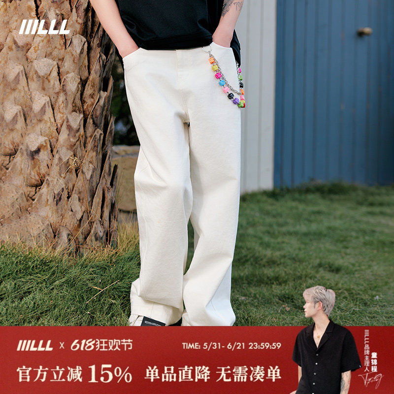 IIILLL童锦程白色牛仔裤男春款立体裁剪宽松垂感直筒阔腿休闲长裤