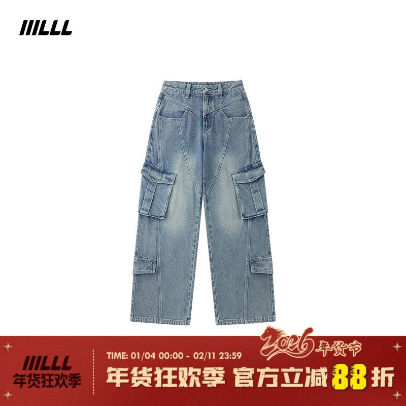 IIILLL童锦程美式复古牛仔裤男秋冬做旧水洗多口袋宽松阔腿工装裤,男装,牛仔裤,淘宝优惠券,粉丝福利购,淘宝优惠卷