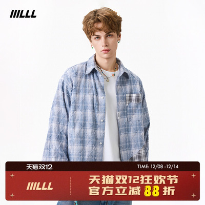 IIILLL童锦程  长袖格子衬衫男款秋季美式潮牌拼接宽松休闲外套女