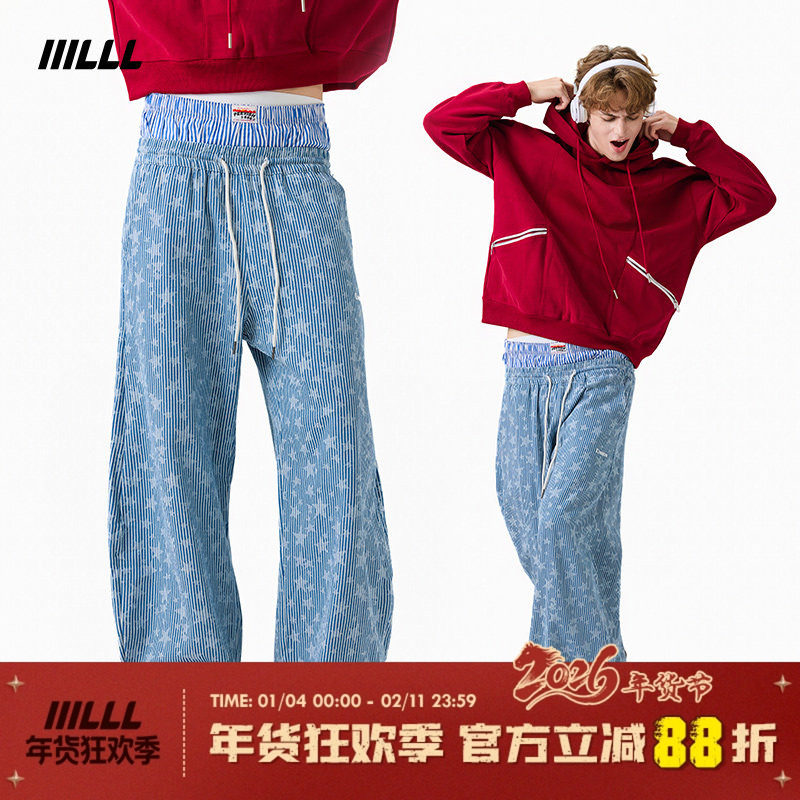 IIILLL童锦程  蓝色条纹牛仔裤男女夏季hiphop星星满印阔腿休闲裤,男装,牛仔裤,淘宝优惠券,粉丝福利购,淘宝优惠卷