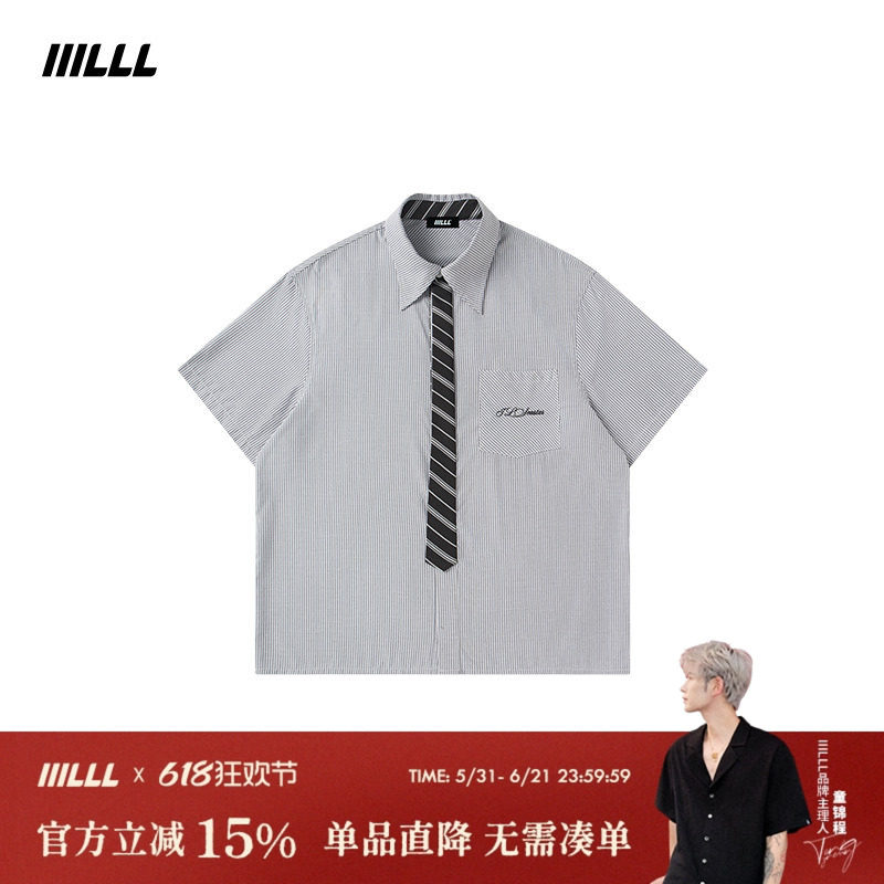 IIILLL童锦程短袖衬衫男夏季复古宽松学院风假领带条纹高智感衬衣