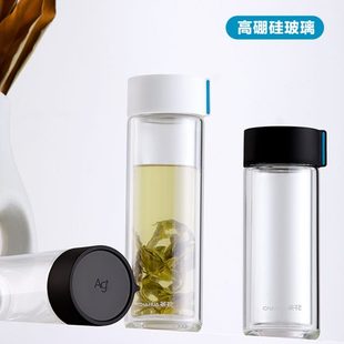 大容量家用男女泡茶杯透明带盖茶杯杯子学生水杯玻璃杯双层茶花