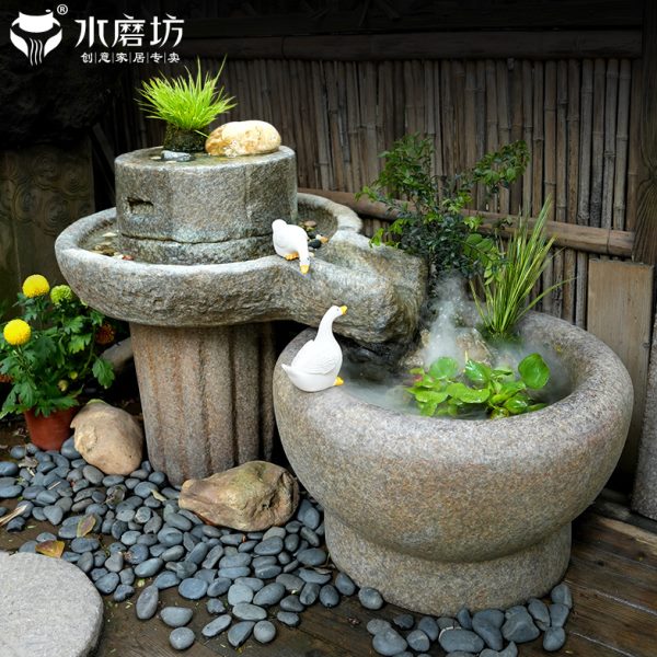 水磨坊中式庭院仿石磨流水景观网红小院布置造景鱼池花园装饰摆件