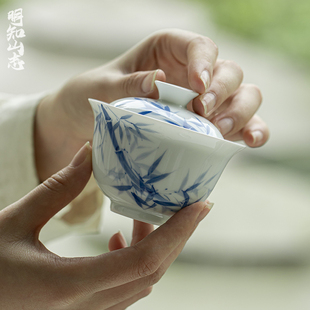 明知山志玉泥纯手绘竹韵青花盖碗功夫茶具陶瓷泡茶碗家用薄胎茶碗