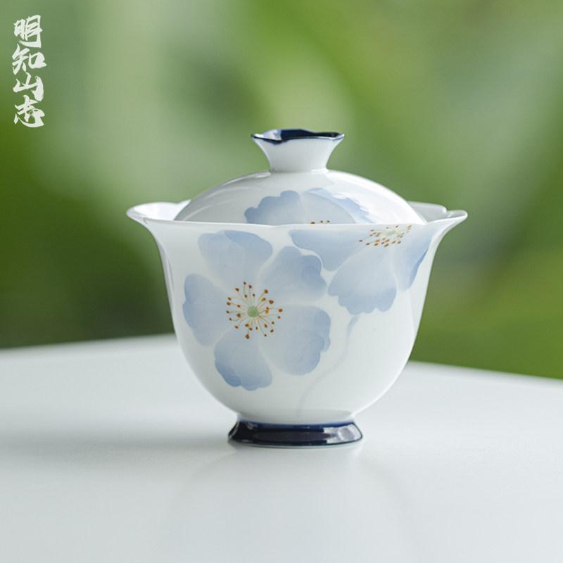 明知山志白瓷手绘海棠花口盖碗功夫茶具家用陶瓷泡茶碗文人器茶碗
