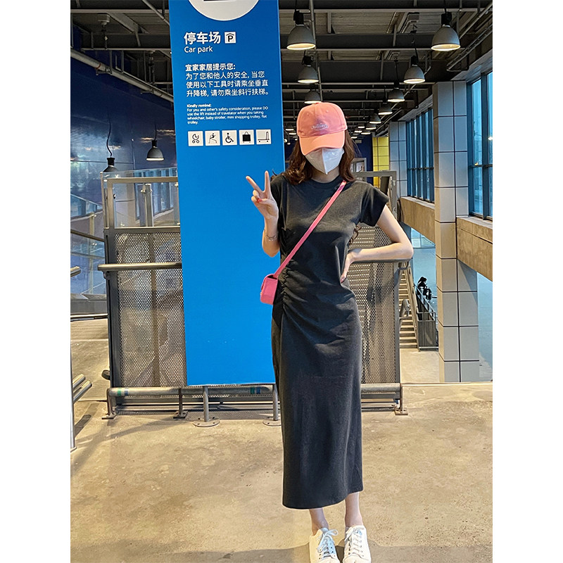 速发衣长中长款过膝收腰休质棉质直筒气闲T恤连加裙子夏季