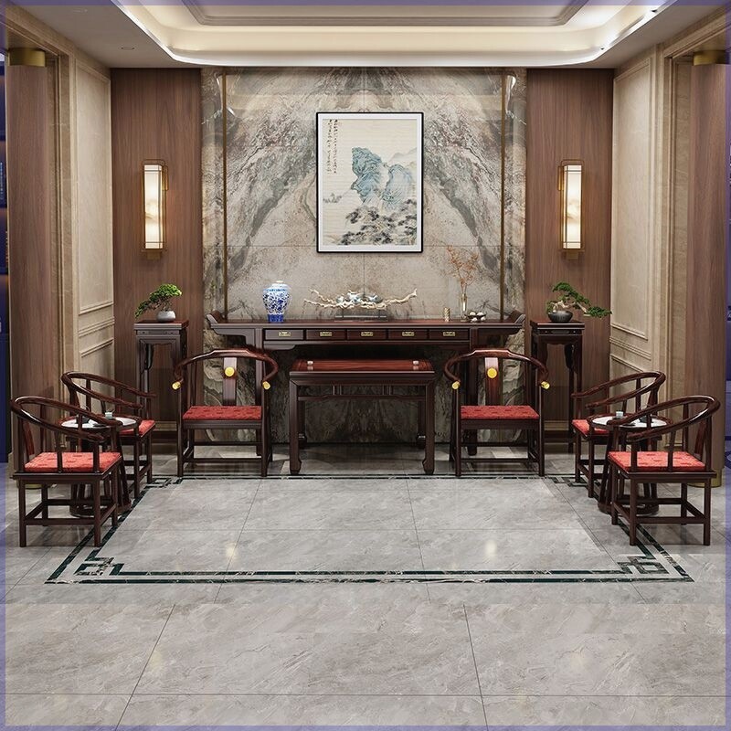 新中式乌金木中堂六件套客厅条案八仙桌供桌翘头桌太师椅复古神台