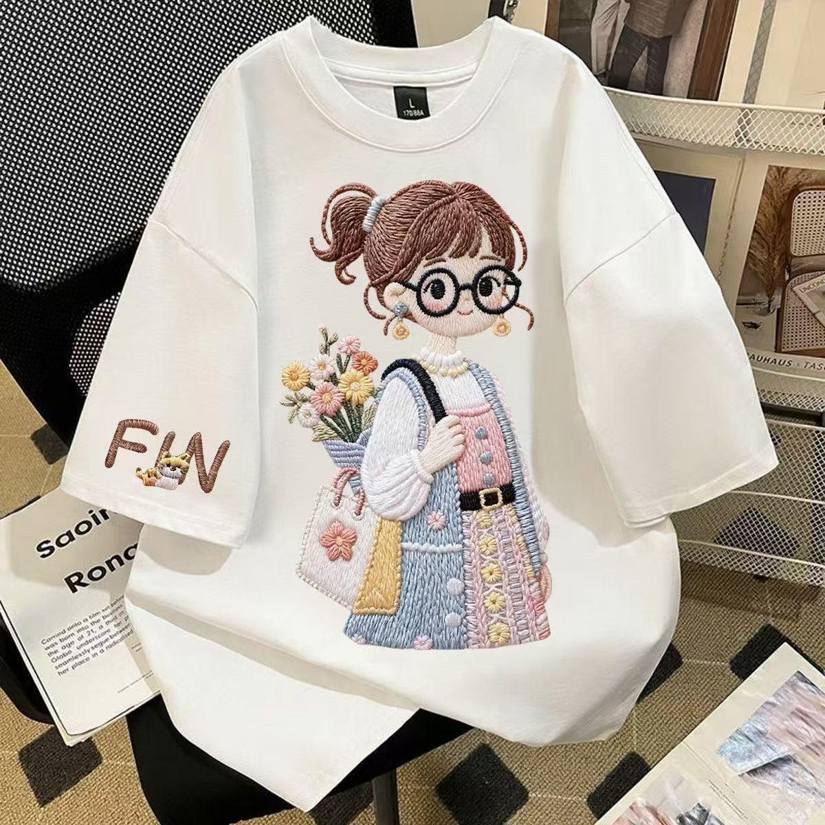 纯棉圆领短袖T恤女白色仿刺绣可爱卡通戴眼镜女孩休闲印花上衣潮