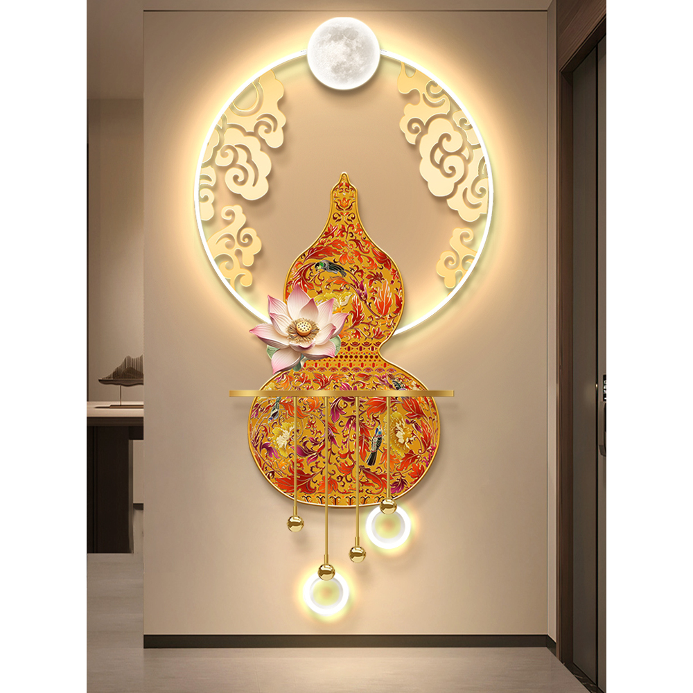 葫芦玄关立体发光装饰画LED带灯新中式福禄挂画荷花氛围灯壁画灯图片